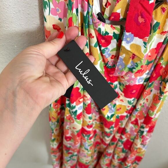 NEW Lulu's Floral Print Tie-Back Midi Dress M Colorful Sleeveless Wedding NWT - Picture 8 of 10